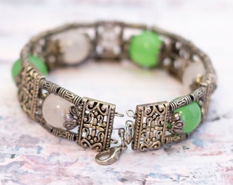 ブレスレット VINTAGE HOLLYWOOD Vine Beads Bracelet 4BFK491 Vintage Glass Green & White Beads Silver Tone Bracelet 7