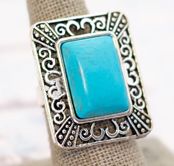Vintage Silver Tone Geometric Rectangular Blue Ad… - image 2