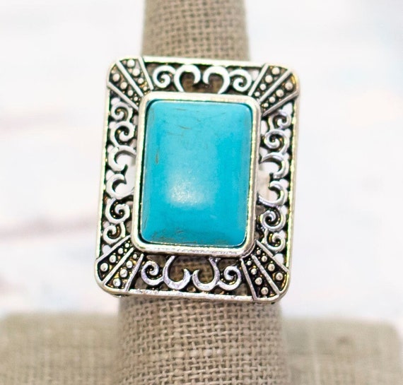 Vintage Silver Tone Geometric Rectangular Blue Ad… - image 1