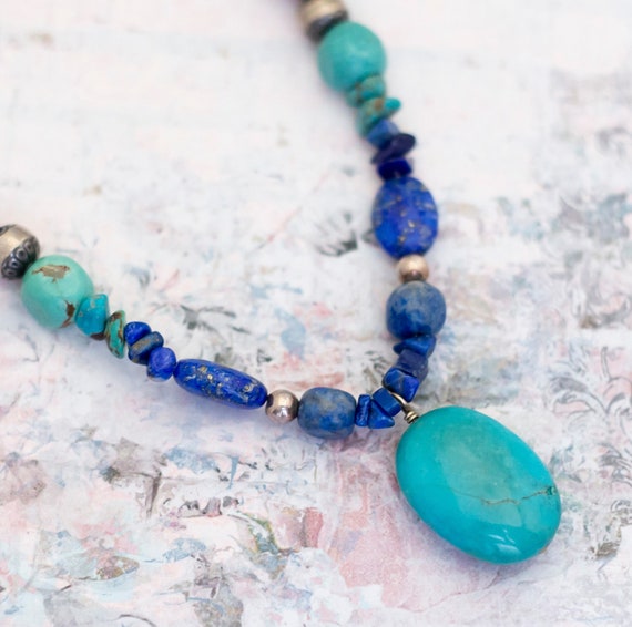 Vintage Turquoise Stone Beaded Necklace 18 Inch -… - image 1