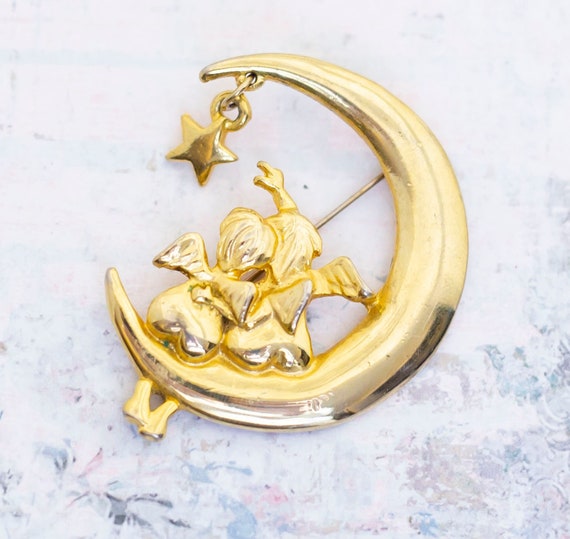 Vintage Moon Angels Star Gold Tone Brooch - BB12 - image 1