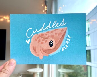 Cuddles Please - Kawaii Cuttlefish Illustration - Double Sided Postcard Art Print