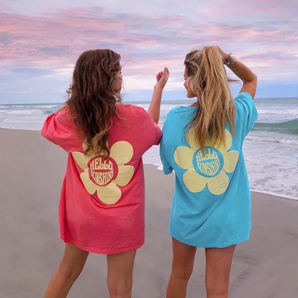 Hello Sunshine The Beach Club Sommer T Shirt Oversize, Passendes T Shirt, Beste Freunde T Shirt, Sommer Top