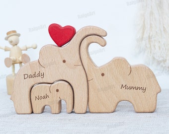 Personalized Elephant Statue, Wooden Elephant Family Puzzle, Gifts for Wife,Housewarming Gifts,Home Decor,Family of 3, Family Memorial Gifts