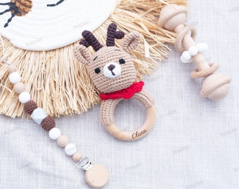 Personalized Animal Crochet Rattle, Reindeer Rattle, First Toys for Baby Boys and Girls, Birthday Gifts,Newborn Gifts,Natural Grasping Toys