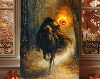Headless Horseman Wall Art, Gothic Oil Painting, Dark Moody Paint, Halloween Decor, Vintage Academia, Autumn Spooky Home Decor Canvas Print