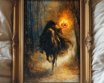 Headless Horseman Wall Art, Gothic Oil Painting, Dark Moody Paint, Halloween Decor, Vintage Academia, Autumn Spooky Home Decor Canvas Print