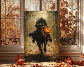 Headless Horseman Wall Art, Gothic Oil Painting, Dark Moody Paint, Halloween Decor, Vintage Academia, Autumn Spooky Home Decor, Fullmoon Art