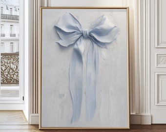 Blue Coquett Bow Impasto Paint, Valentine Bow Wall Art, Cottagecore Decor Gift, Vintage Girly Romantic Artwork, Preppy Home Wall Prints