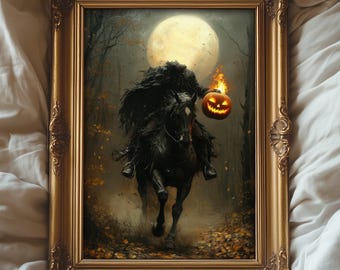 Headless Horseman Wall Art, Gothic Oil Painting, Dark Moody Paint, Halloween Decor, Vintage Academia, Autumn Spooky Home Decor, Fullmoon Art