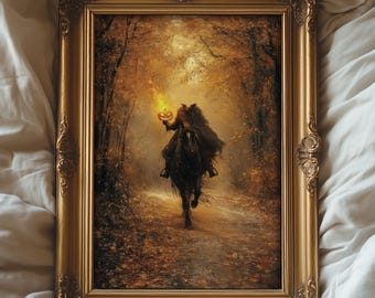 Headless Horseman Wall Art, Gothic Oil Painting, Dark Moody Paint, Halloween Decor, Vintage Academia, Autumn Spooky Home Decor Canvas Print