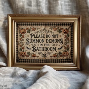Funny Gothic Bathroom Sign, Please Do Not Summon Demons Gingham Art, Rustic Halloween Wall Decor, Antique Jack O Lantern Tapestry Print