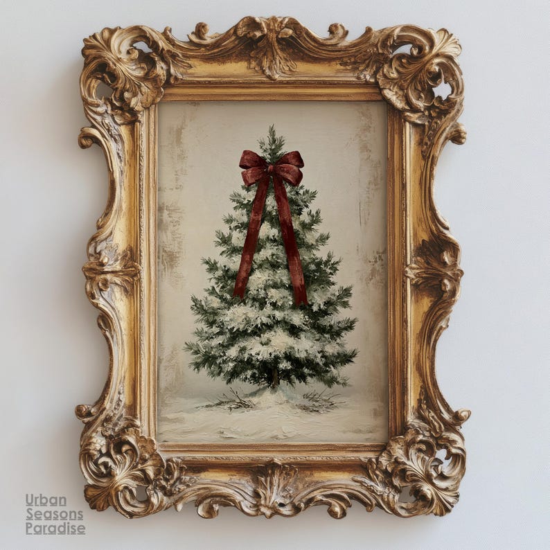 Rustic Spurce Tree Vintage Christmas Tree Wall Art, Antique Bow Christmas Decor ...