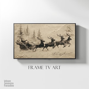 Pode incluir: Uma impressão emoldurada em estilo vintage retrata um trenó puxado por renas em uma paisagem nevada. A obra de arte em preto e branco tem um tom sépia, com o texto "FRAME TV ART" abaixo. A imagem é montada em uma parede branca.