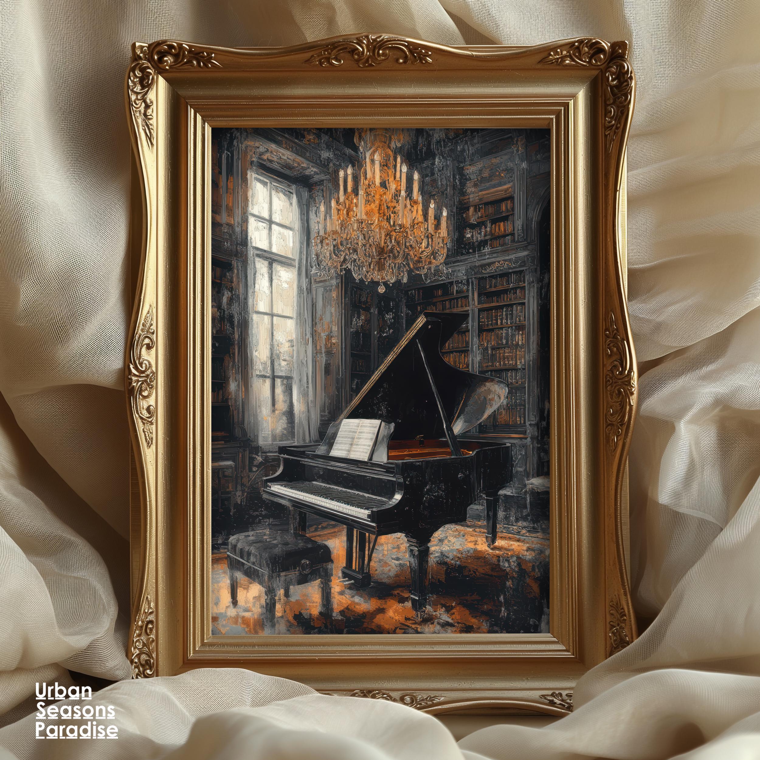 Vintage Piano Library Wall Art Print, Dark Academia Oil Painting