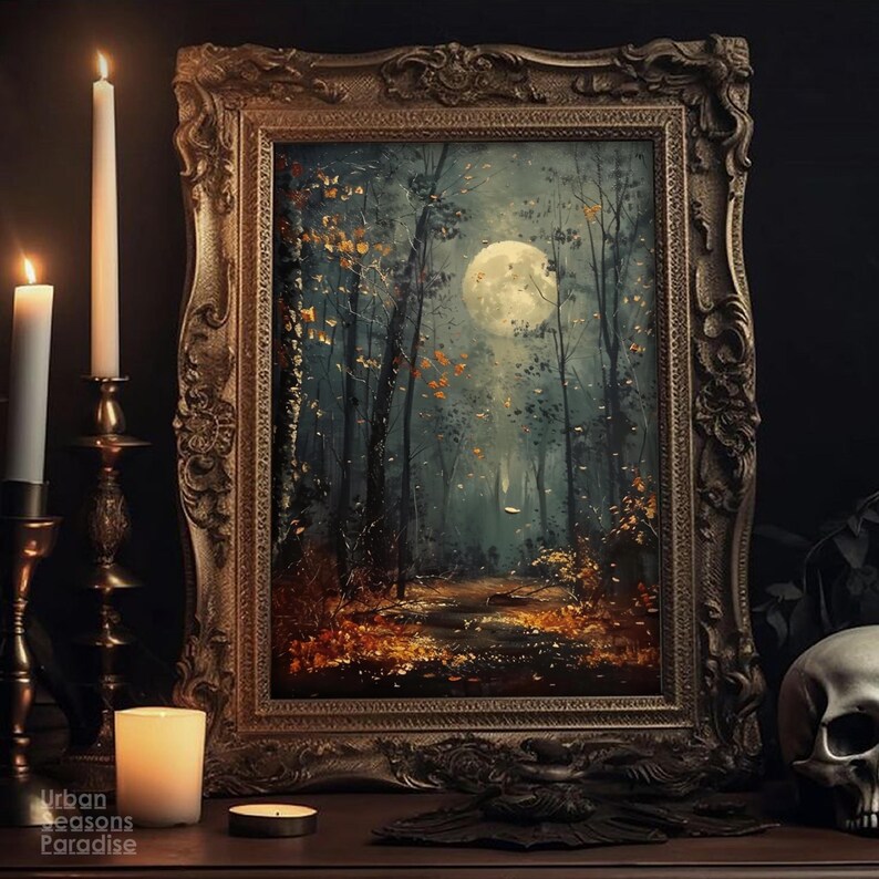 Full Moon Wall Art, Halloween Dark Forest Print, Autumn Witchy Decor ...