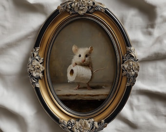 May include: An oval-shaped wall art piece featuring a painting of a small white mouse holding a roll of toilet paper. The artwork is encased in an ornate, decorative black and gold frame with floral relief details at the top, bottom, and sides.