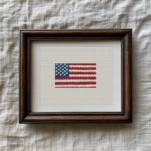 May include: A framed cross-stitch of the American flag. The flag has a blue canton with white stars and red and white stripes. The artwork is presented in a dark brown wooden frame, suitable for patriotic home decoration. The frame is approximately 25 cm x 25 cm.