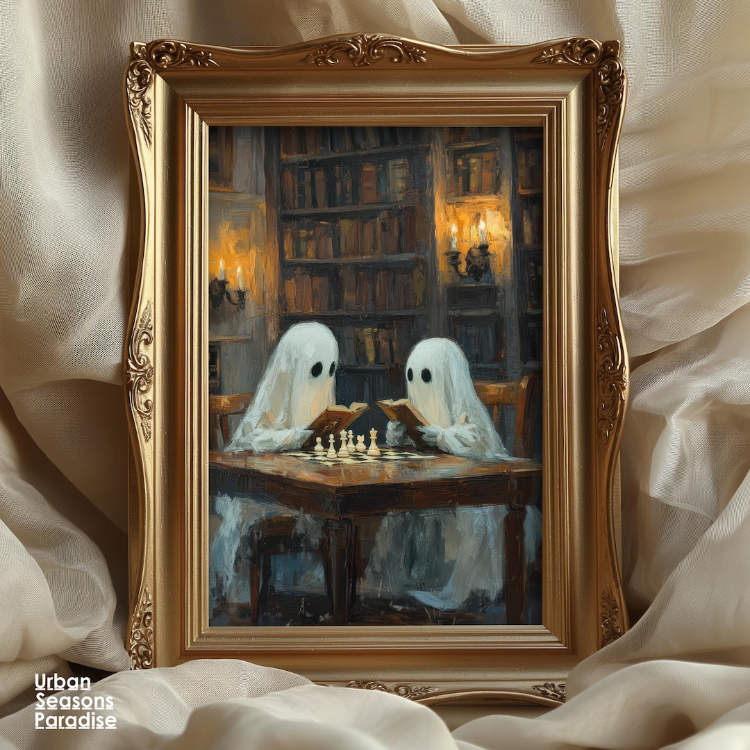 Cute Ghost Halloween Wall Art Print, Vintage Library Oil Painting ...