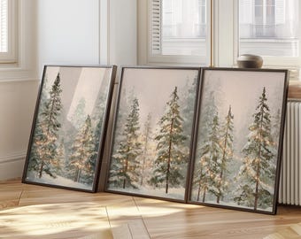 Set of 3 Vintage Evergreen Pine Forest Wall Art – Snowy Woodland Landscape, Rustic Farmhouse Decor, Winter Oil Painting Print, Nature Decor
