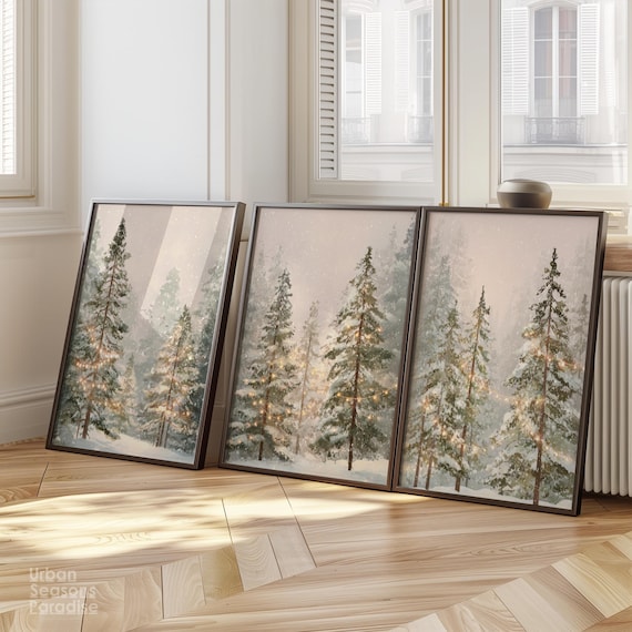 Set of 3 Vintage Evergreen Pine Forest Wall Art – Snowy Woodland Landscape, Rustic Farmhouse Decor, Winter Oil Painting Print, Nature Decor