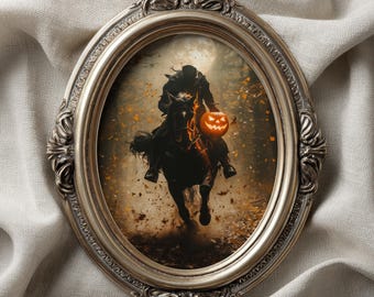 Headless Horseman Wall Art, Gothic Oil Painting, Dark Moody Paint, Halloween Decor, Vintage Academia, Autumn Spooky Home Decor, Fullmoon Art