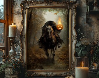 Headless Horseman Wall Art, Gothic Oil Painting, Dark Moody Paint, Halloween Decor, Vintage Academia, Autumn Spooky Home Decor Canvas Print