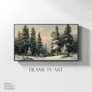 May include: A framed artwork showing a winter forest scene with snow-covered evergreen trees. The artwork uses a muted colour palette with shades of green, white, and brown. The text "FRAME TV ART" is displayed below the artwork.