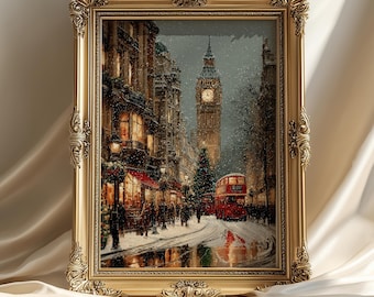 London Christmas Wall Art, Snowy Big Ben Street Scene, Holiday City Oil Painting Print, Cozy Winter Home Décor, Vintage Nostalgic Poster