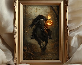 Headless Horseman Wall Art, Gothic Oil Painting, Dark Moody Paint, Halloween Decor, Vintage Academia, Autumn Spooky Home Decor Canvas Print