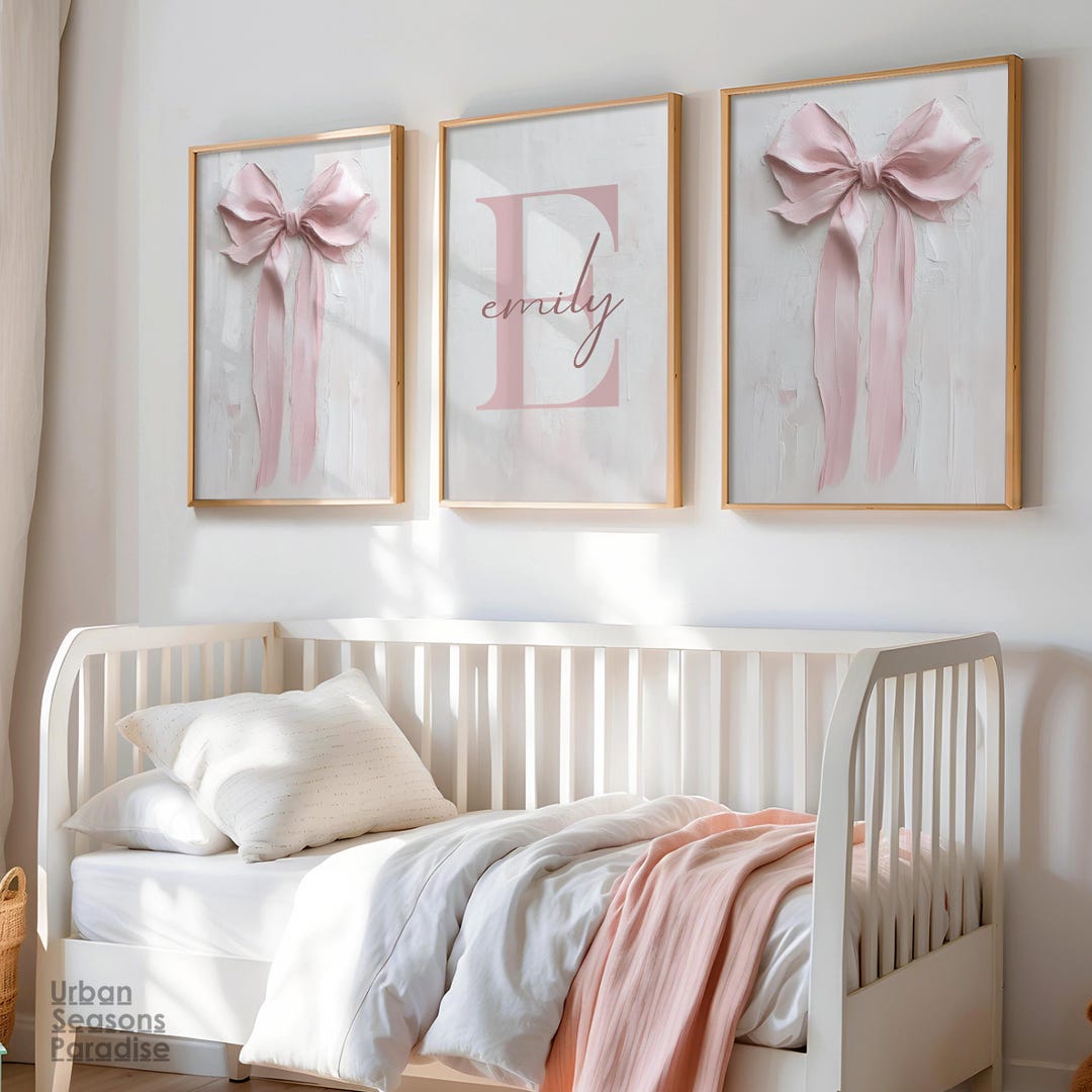Personalized Pink Bow Print Set of 3, Custom Name Nursery Wall Art ...