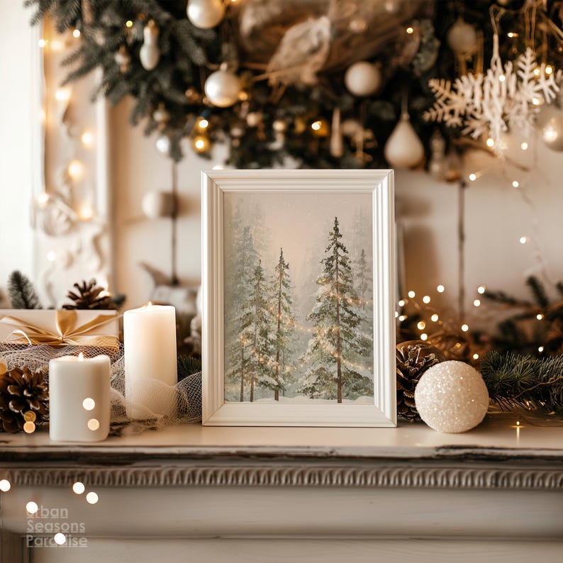 Puede incluir: Un cuadro enmarcado con un paisaje invernal de pinos nevados. Se encuentra sobre una repisa decorada con velas, pi&ntilde;as y una corona navide&ntilde;a con luces y adornos. El tema general es festivo.
