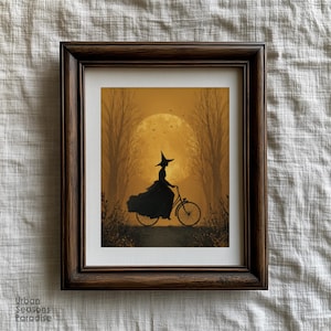 Halloween Witchy Full Moon Wall Art, Dark Academia Gothic Vintage Fall Forest Print with Bicycle & Wild Flowers, Spooky Autumn Home Decor