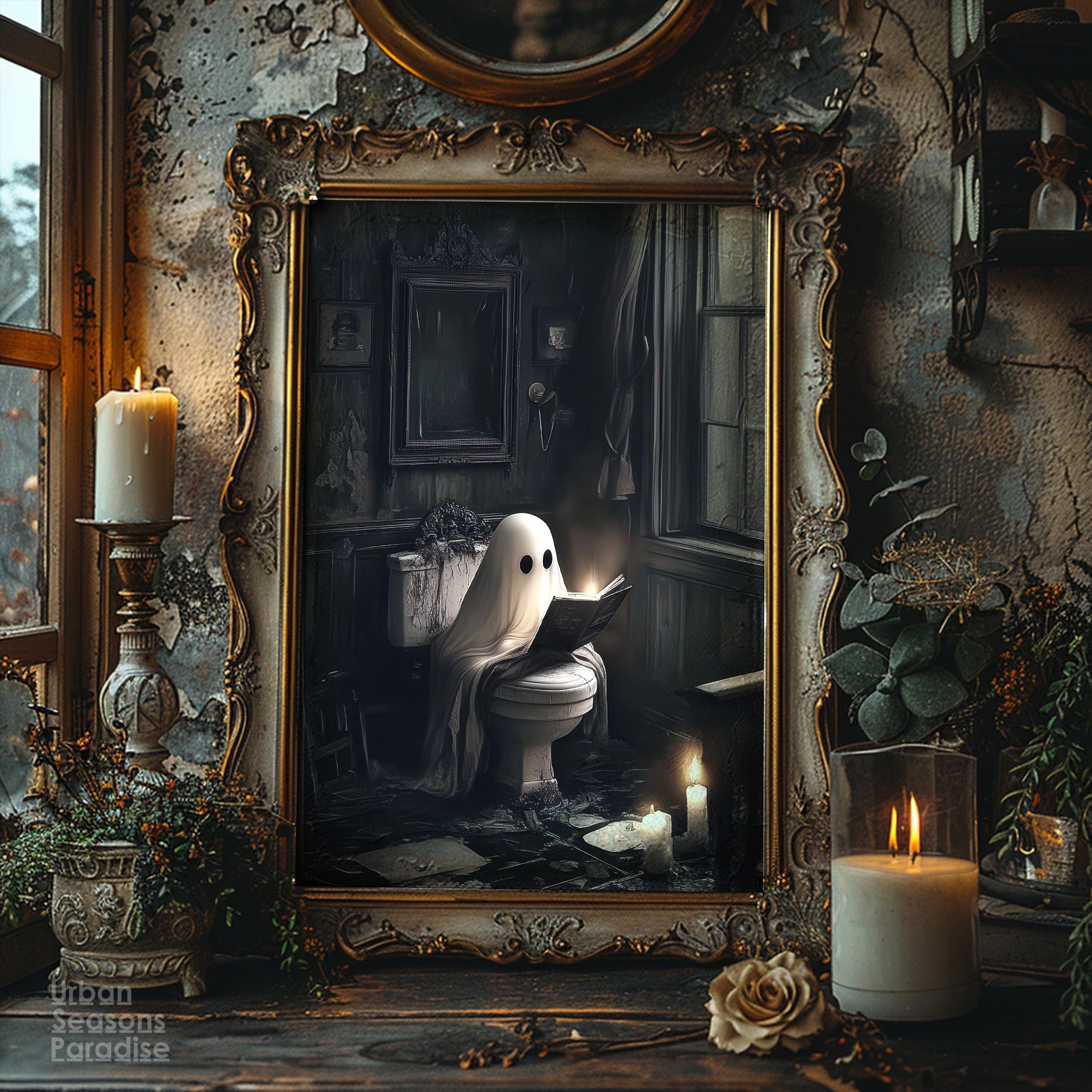 Ghost on Toilet Wall Art, Vintage Halloween Ghost Paints, Spooky Dark Academia Decor, Reading Funny Halloween Gift Print, Instant Download