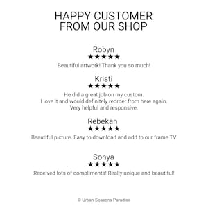 Op de afbeelding: Een klantbeoordelingsafbeelding met de titel HAPPY CUSTOMER FROM OUR SHOP met vier vijfsterrenrecensies van Robyn, Kristi, Rebekah en Sonya. Elke recensie bevat een naam, vijf zwarte sterren en tekst. Onderaan staat Urban Seasons Paradise.