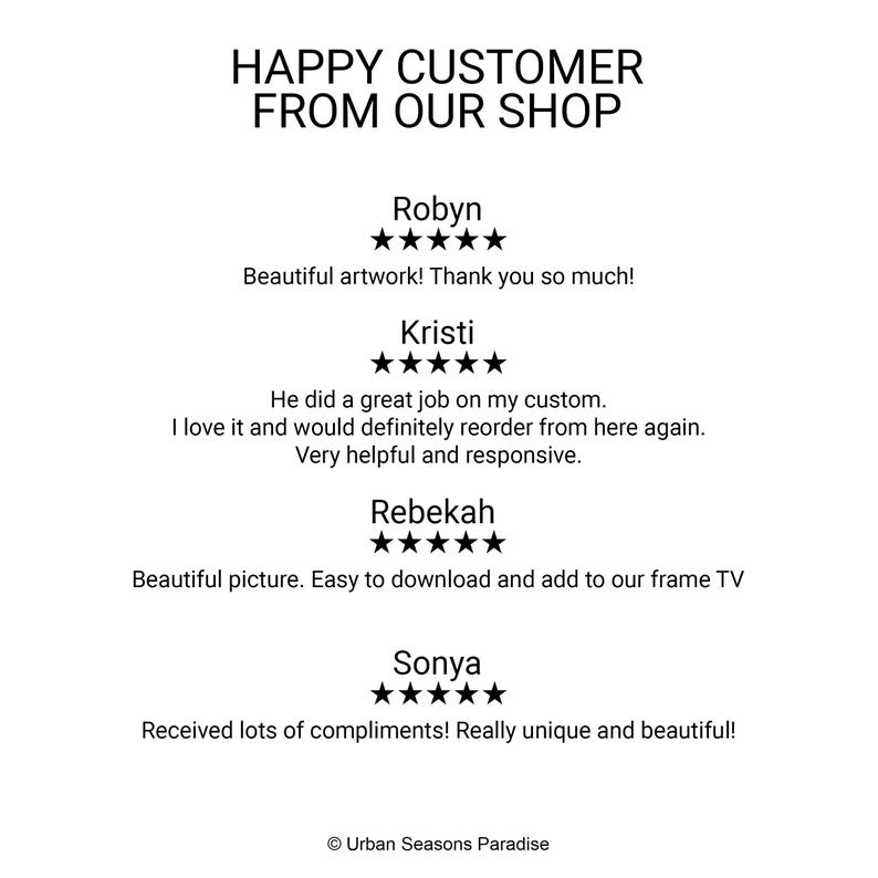 Op de afbeelding: Een klantbeoordelingsafbeelding met de titel HAPPY CUSTOMER FROM OUR SHOP met vier vijfsterrenrecensies van Robyn, Kristi, Rebekah en Sonya. Elke recensie bevat een naam, vijf zwarte sterren en tekst. Onderaan staat Urban Seasons Paradise.