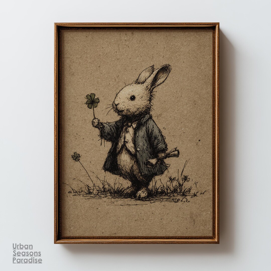 Shamrock Rabbit St Patrick’s Day Bunny Wall Art Print, Shamrock Rabbit Illustration ...
