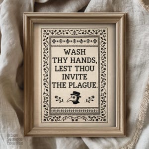 Wash Thy Hands Lest Thou Invite The Plague Wall Art, Plague Doctor Faux Cross Stitch Sampler, Gothic Floral Bathroom Decor, Humor Print