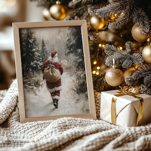 Happy Santa Winter Forest Prints, Christmas Wall Art Oil Painting, Light Academia Cottage Holiday Decor, Vintage Farmhouse Christsmas Print.
