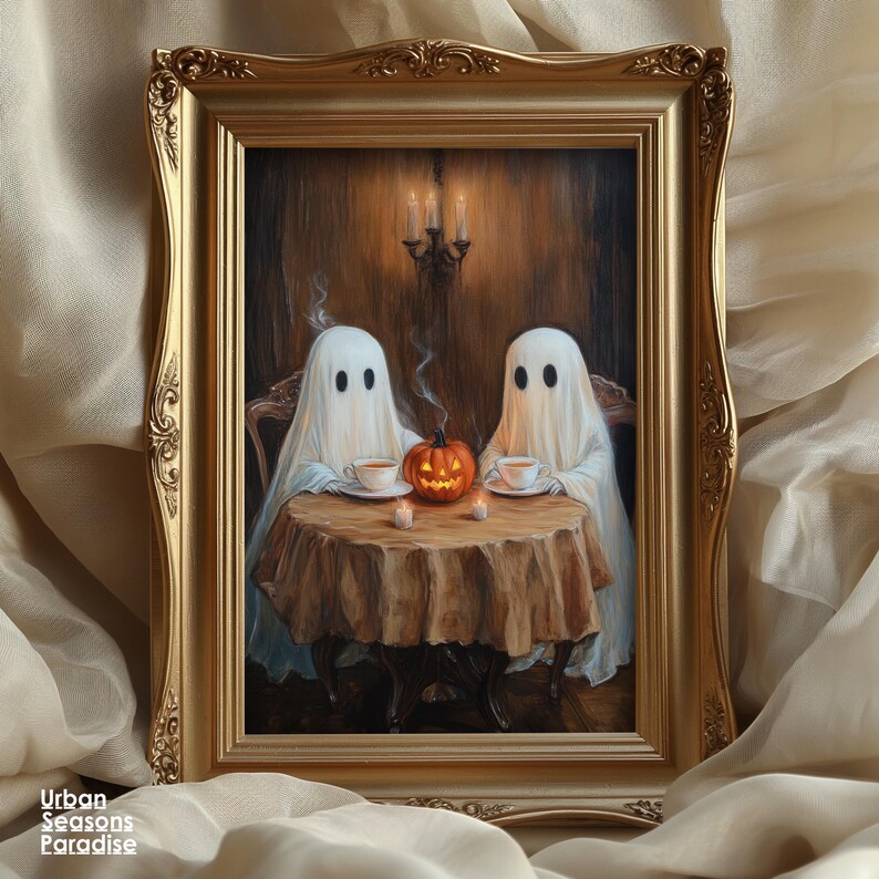 May include: A framed Halloween-themed painting depicts two ghosts seated at a table with a carved pumpkin and teacups. The artwork is set in a dimly lit room with a candlelit chandelier. The frame is ornate and gold-colored. The text "Urban Seasons Paradise" is in the bottom left corner.