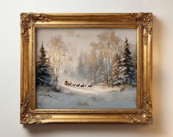 Santa Sleigh & Reindeer Wall Art – Golden Light Christmas Oil Painting, Cozy Winter Forest Print, Vintage Holiday Decor, Warm Rustic Artwork