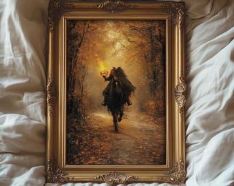 Headless Horseman Wall Art, Gothic Oil Painting, Dark Moody Paint, Halloween Decor, Vintage Academia, Autumn Spooky Home Decor Canvas Print