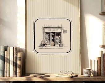 Vintage Bookshop Wall Art Print – Old Book Store Sketch Drawing, Striped Minimalist Illustration, Librariancore Home Library Decor