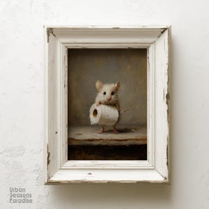 Grappige muis voor in de badkamer, humoristische muurprint met toiletthema, speels vintage muisschilderij, originele badkamerdecoratie, grappig cadeau voor een housewarming. afbeelding 7