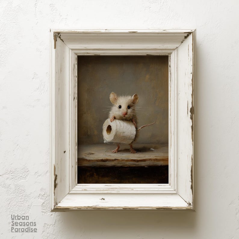 Grappige muis voor in de badkamer, humoristische muurprint met toiletthema, speels vintage muisschilderij, originele badkamerdecoratie, grappig cadeau voor een housewarming. afbeelding 7