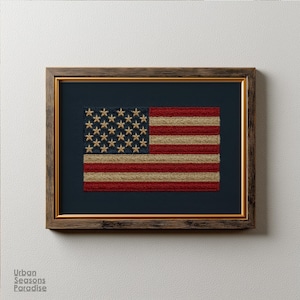 Puede incluir: Obra de arte enmarcada con una bandera estadounidense texturizada. La bandera tiene rayas rojas y beige, un campo azul con estrellas doradas y está sobre un fondo azul oscuro dentro de un marco de madera marrón. La obra se exhibe en una pared blanca.