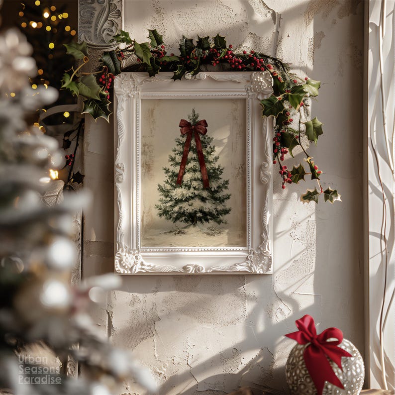 Rustic Spurce Tree Vintage Christmas Tree Wall Art, Antique Bow Christmas Decor ...