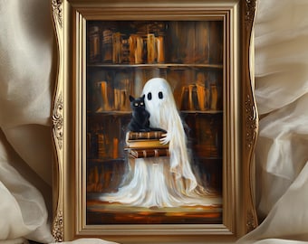 Ghost Holding Black Cat Wall Art, Vintage halloween Ghost Paints, Spooky Dark Academia Decor, Funny Halloween Gift Print, Instant Download