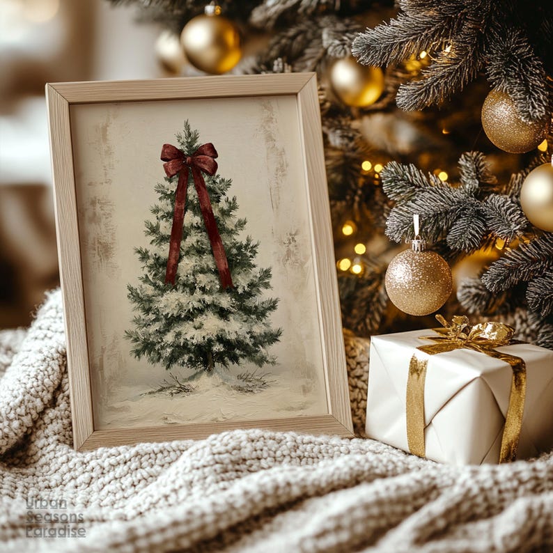 Rustic Spurce Tree Vintage Christmas Tree Wall Art, Antique Bow Christmas Decor ...
