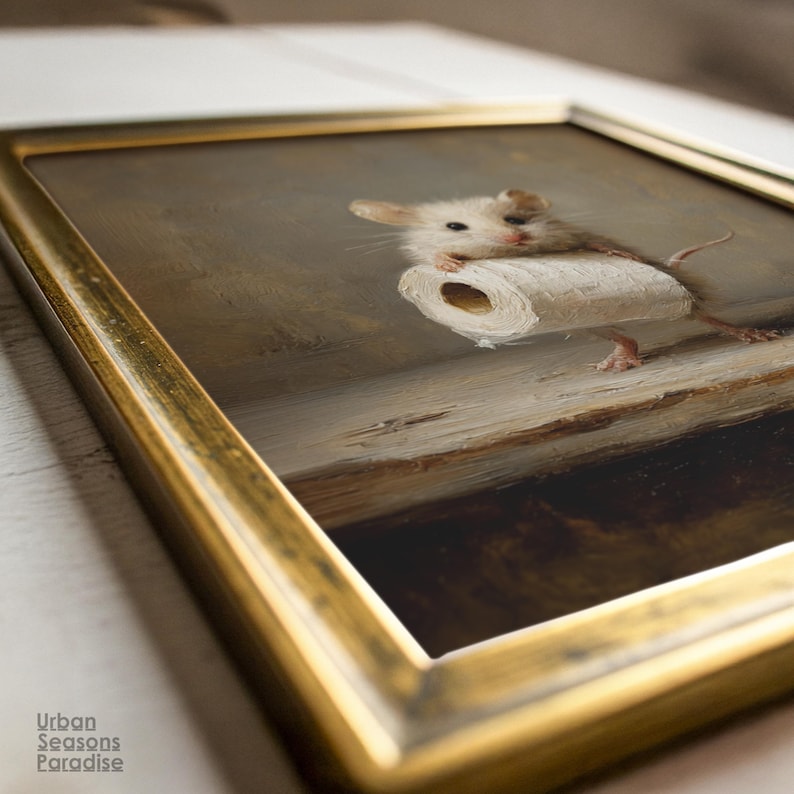 Grappige muis voor in de badkamer, humoristische muurprint met toiletthema, speels vintage muisschilderij, originele badkamerdecoratie, grappig cadeau voor een housewarming. afbeelding 6